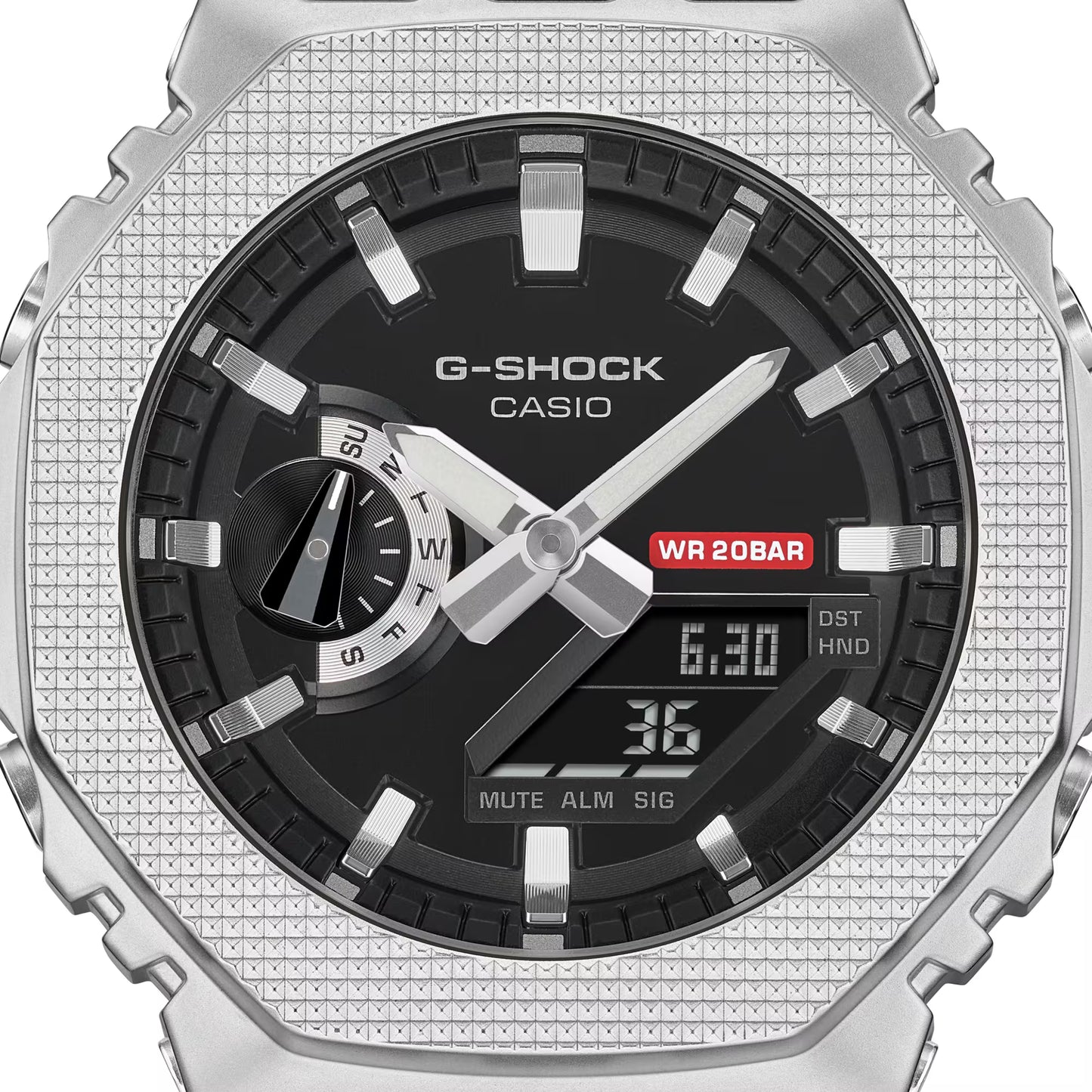 G-Shock Casio watch with silver case and black dial on a white background