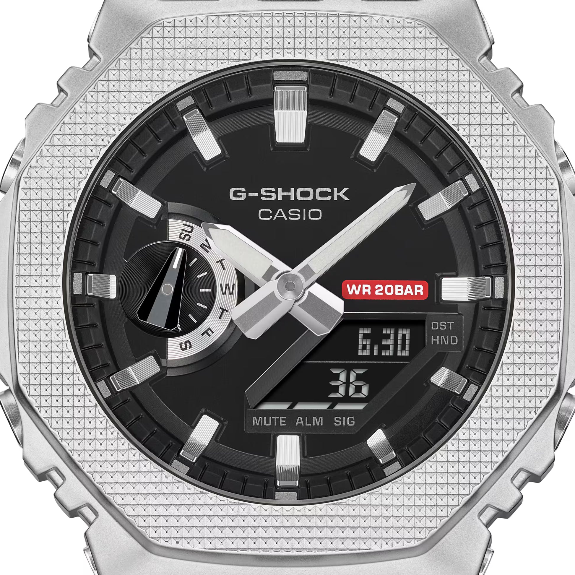 G-Shock Casio watch with silver case and black dial on a white background