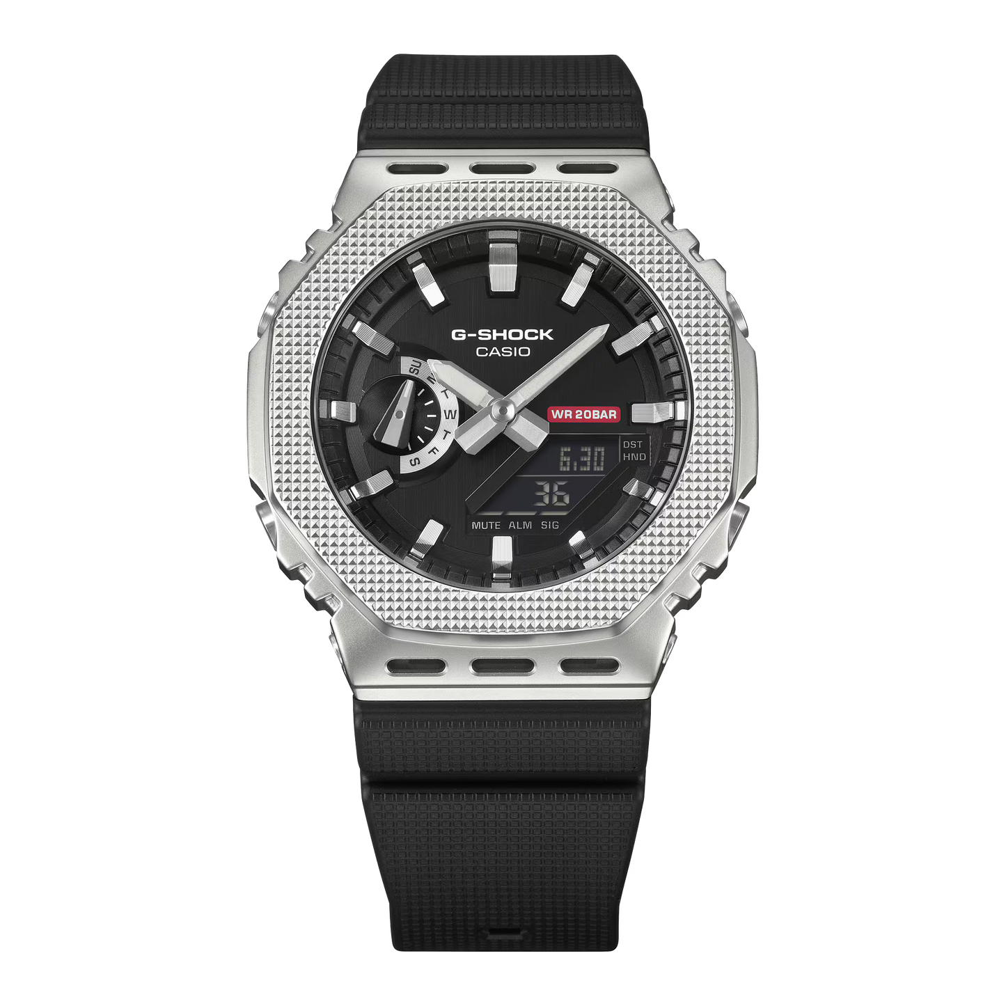 G-Shock watch with black strap and silver case on a white background