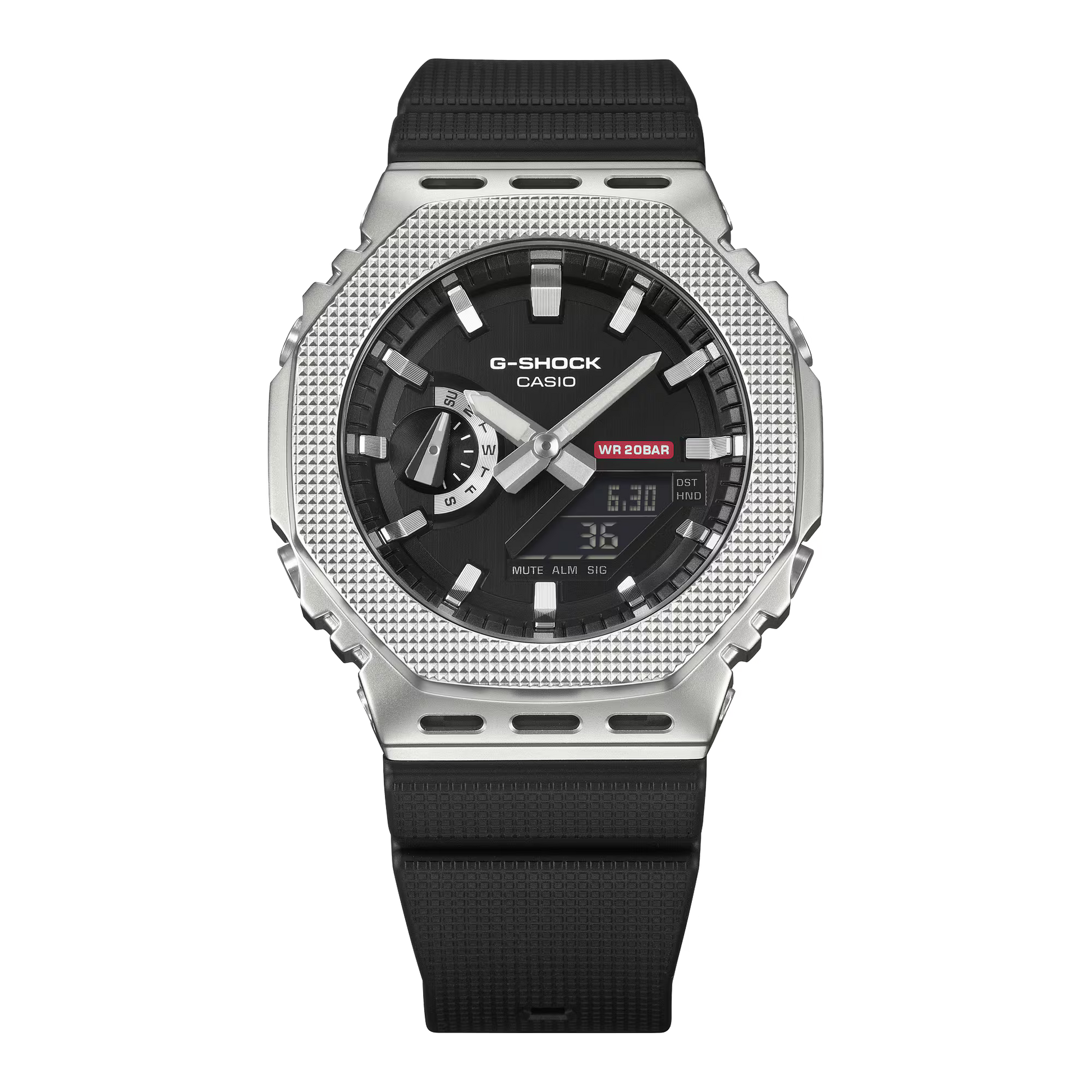 G-Shock watch with black strap and silver case on a white background