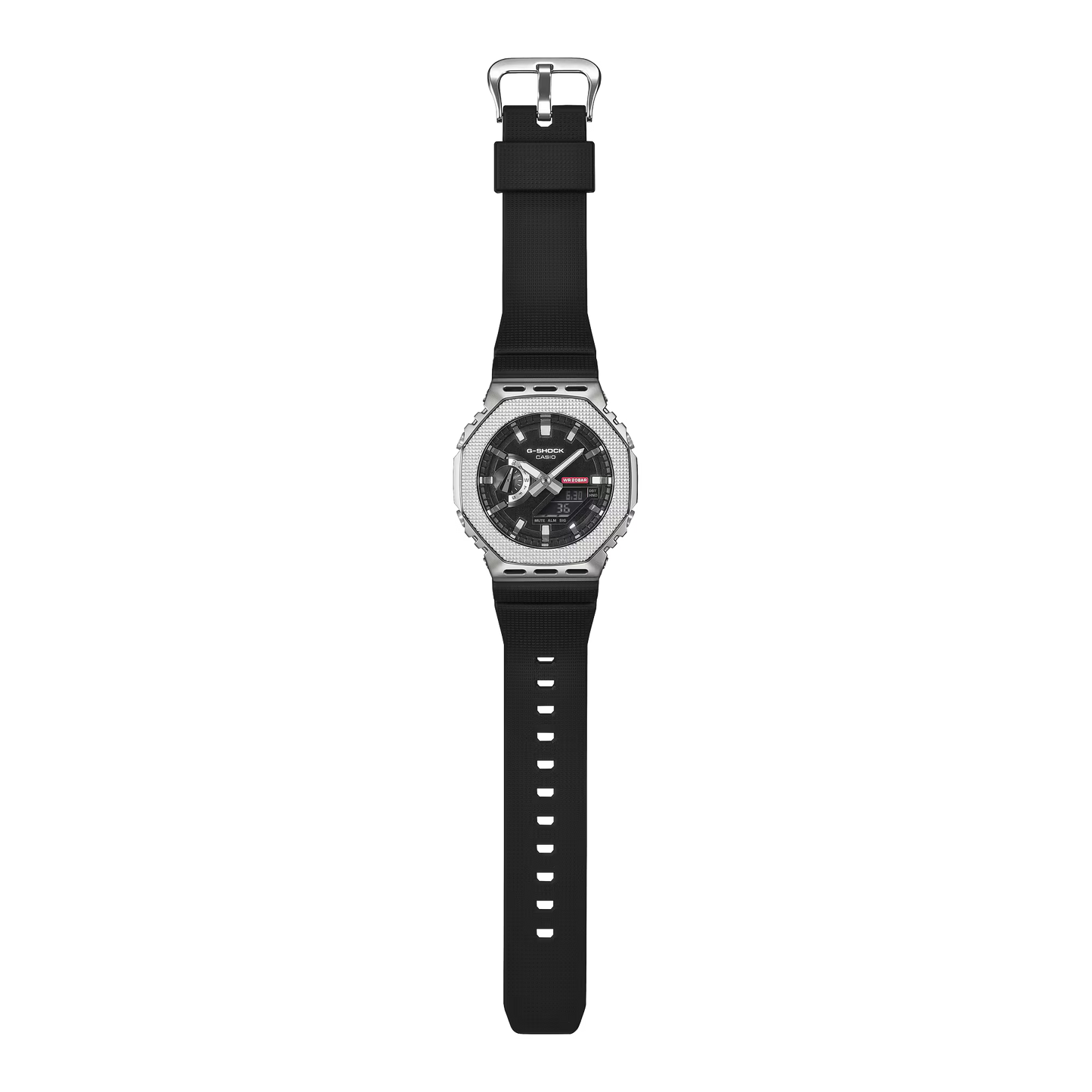 Black watch with a detailed face on a white background