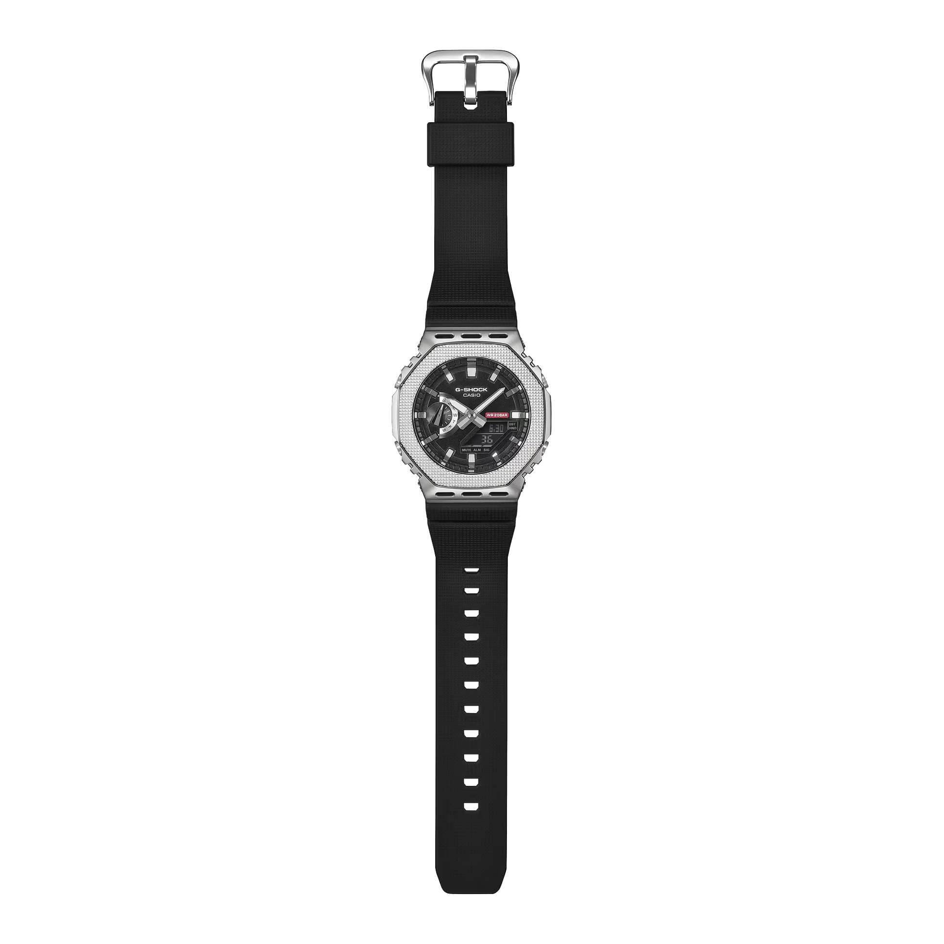 Black watch with a detailed face on a white background