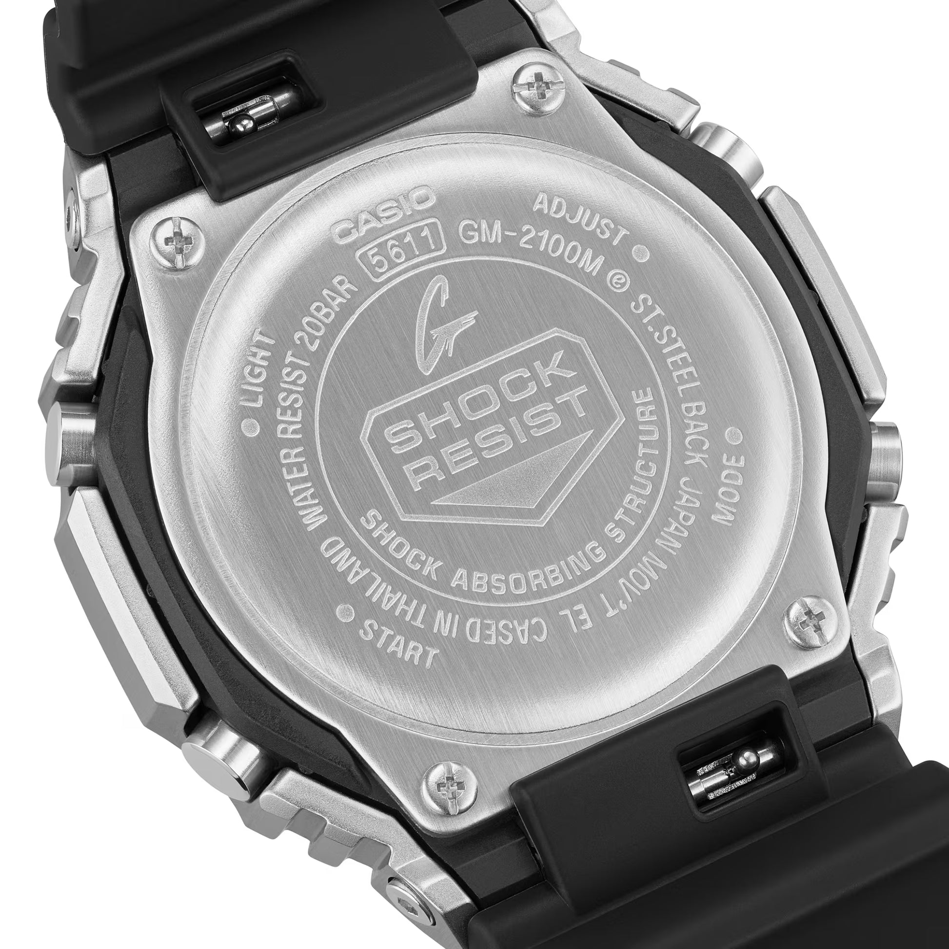 Back view of a Casio G-Shock watch with 'Shock Resist' text on a white background