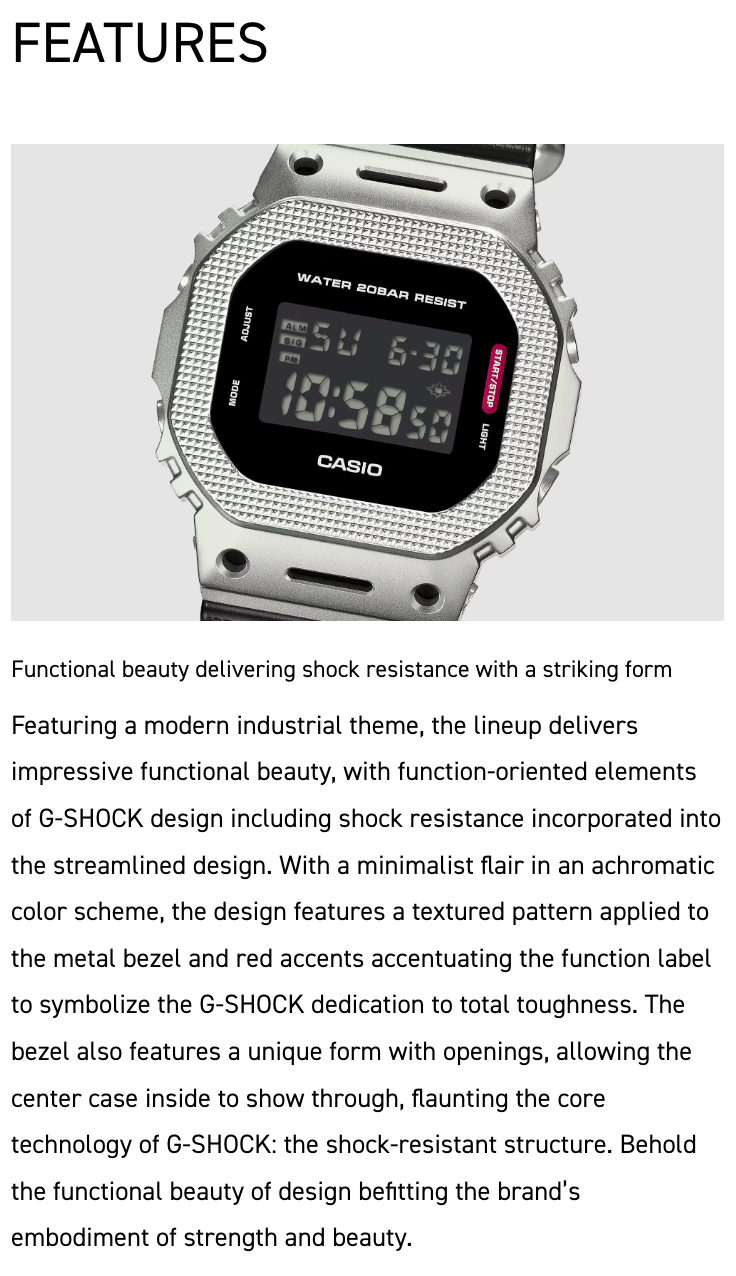 Casio G-SHOCK digital watch with text on a white background