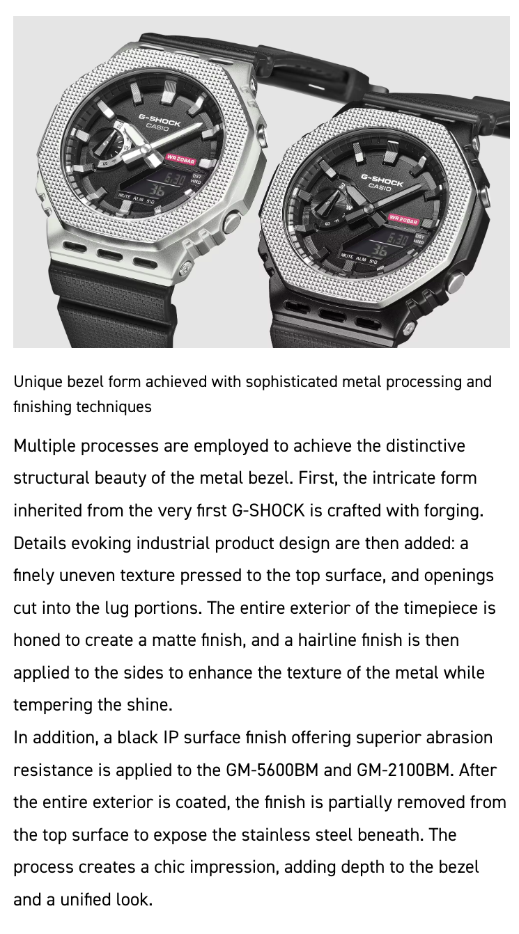 Two Casio G-Shock watches with unique bezel design on a light gray background.