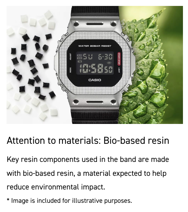 Casio digital watch with bio-based resin band on a green leaf background