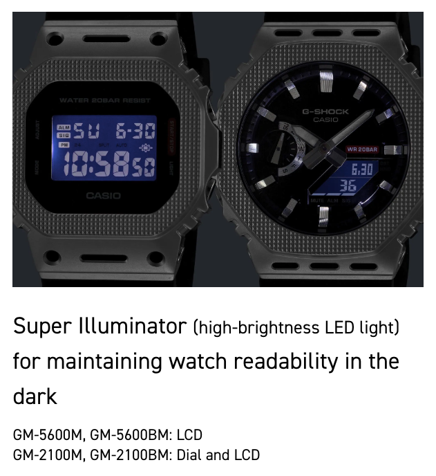 Two Casio G-Shock watches with digital and analog displays on a dark background.