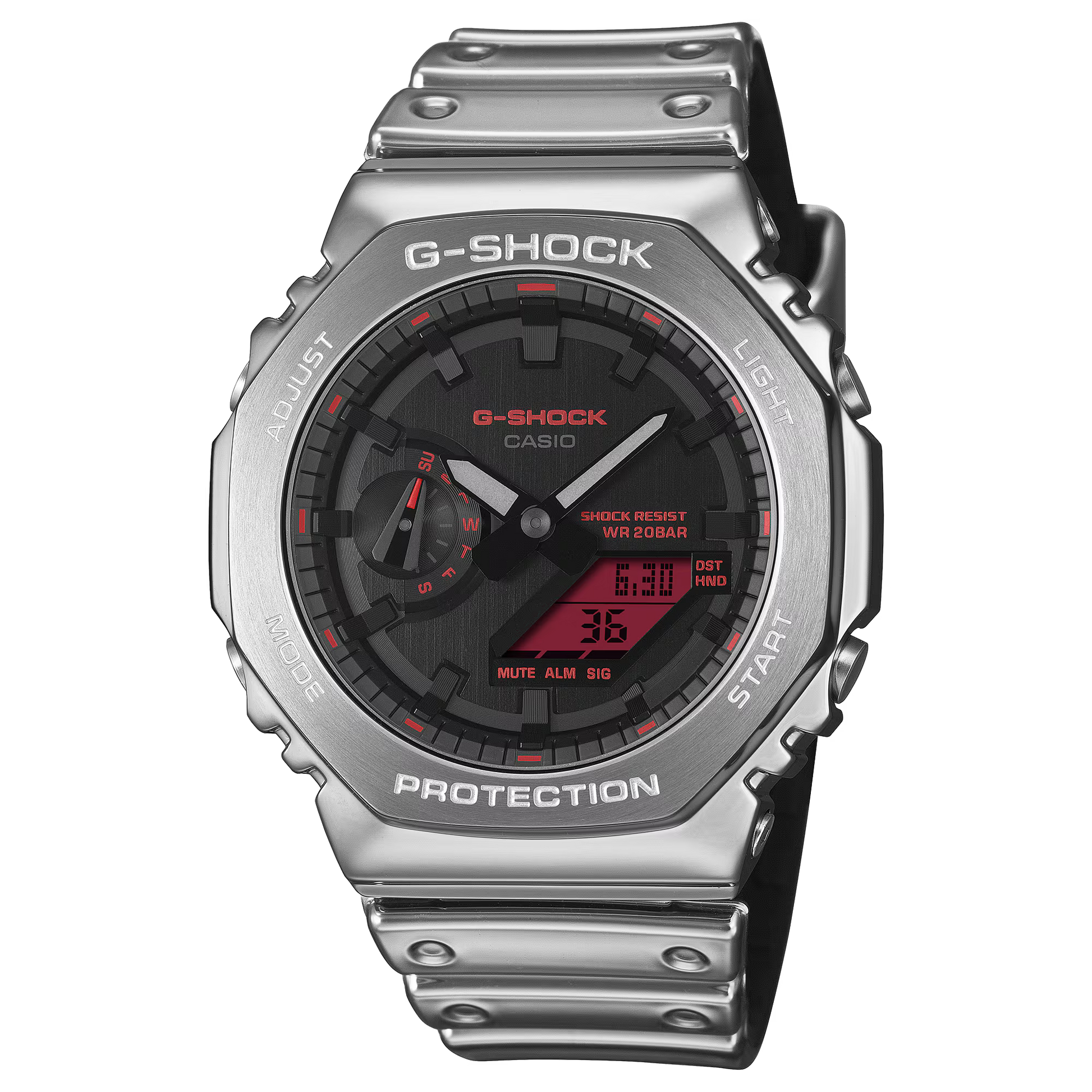 G-SHOCK GM2100YRA-8A analog-digital watch with octagonal stainless steel bezel, gray metallic finish, silicone resin band, and 200m water resistance.