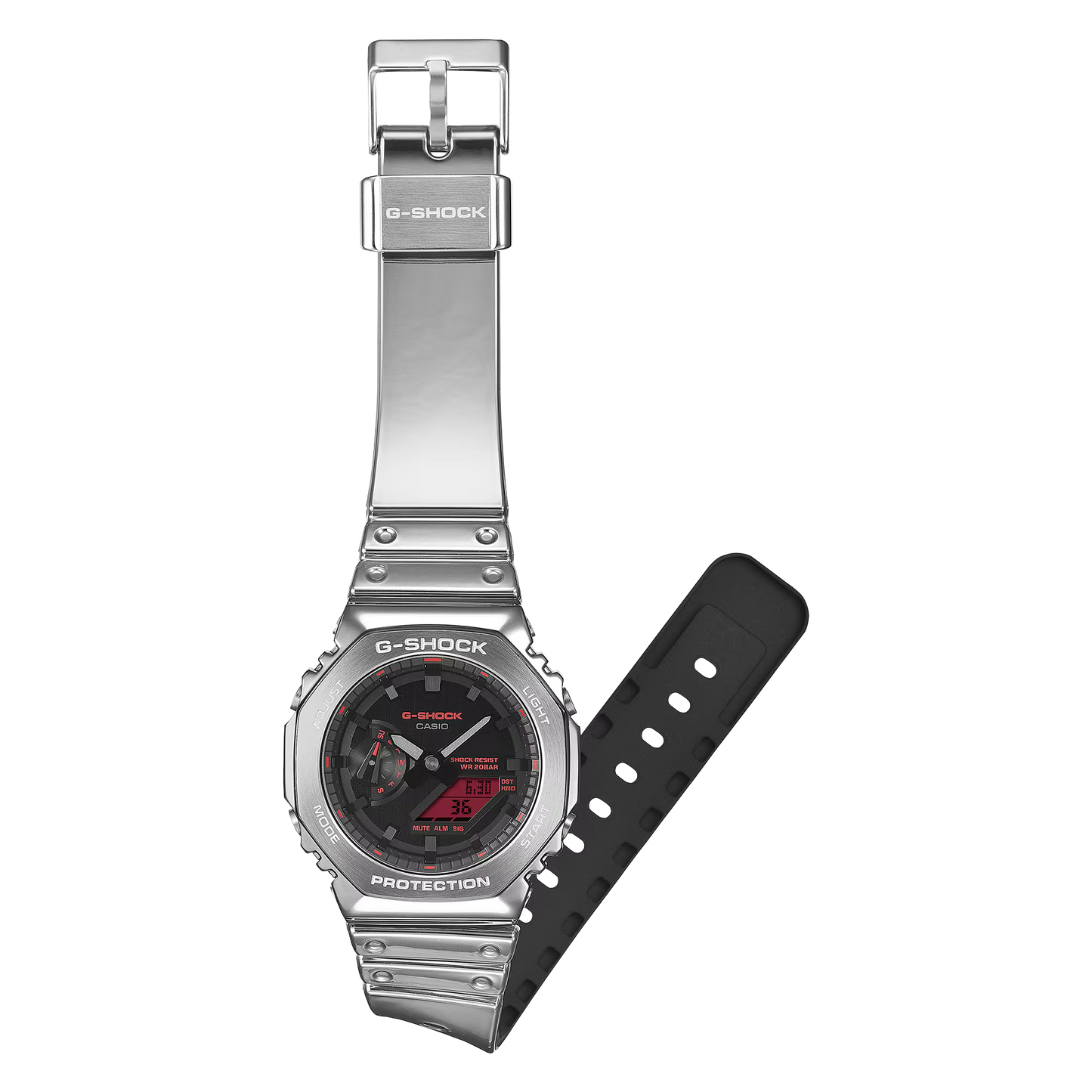 G-Shock watch with silver band and black strap on a white background