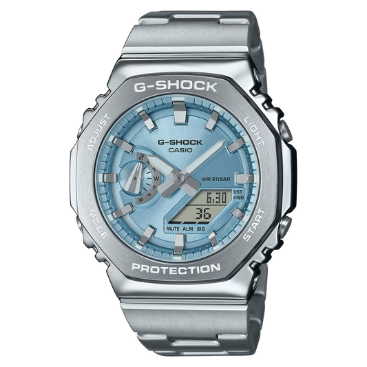 Casio G-STEEL GM2110D-2A, premium stainless-steel G-SHOCK with an octagonal bezel. Features a light blue metallic dial, shock resistance, 200m water resistance, dual LED Super Illuminator, and world time. Stylish and durable.