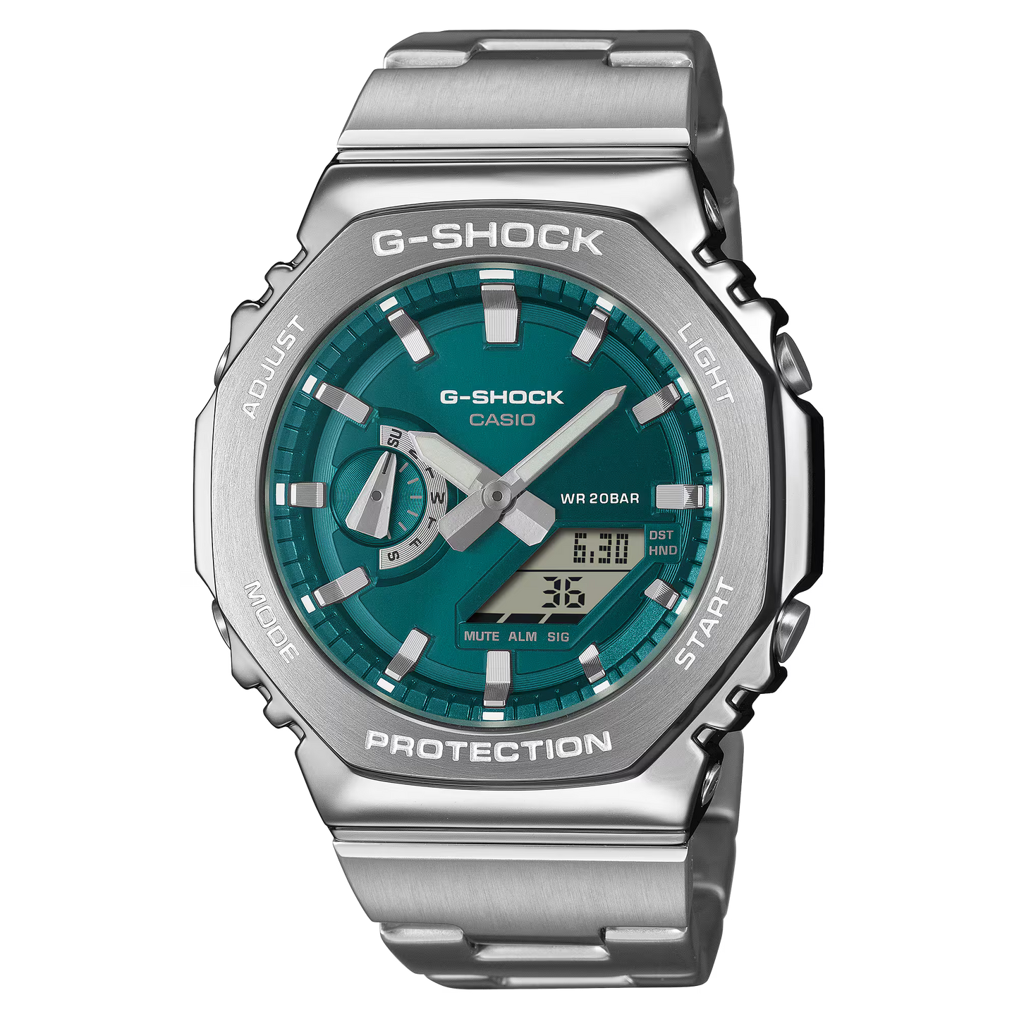 G-SHOCK GM2110D-3A1 with forged stainless steel octagonal bezel, metallic blue-green dial, stainless steel band with one-touch clasp, reinforced resin inner case, double LED Super Illuminator, and 200-meter water resistance.