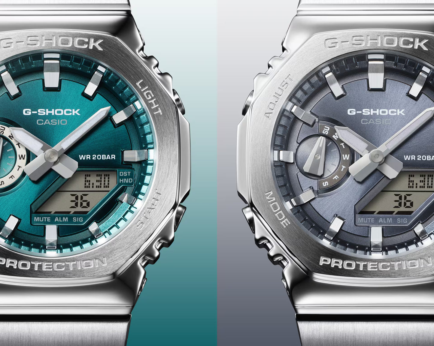 Two Casio G-Shock watches, one with a teal face and the other with a gray face, on a gradient background.