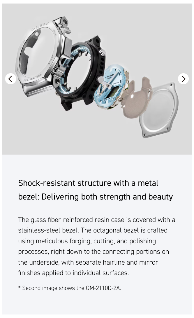 Watch with metal bezel and text describing shock-resistant structure and design details.