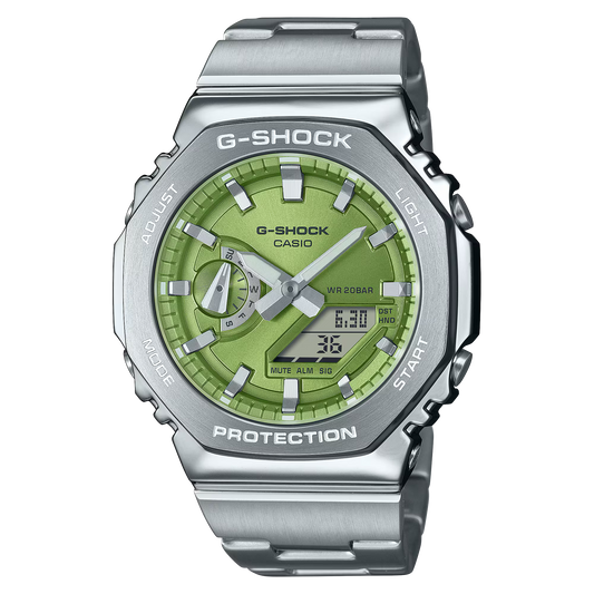 Casio G-STEEL GM2110D-3A, premium stainless-steel G-SHOCK with an octagonal bezel. Features an opal green metallic dial, shock resistance, 200m water resistance, dual LED Super Illuminator, and world time. Stylish and durable.