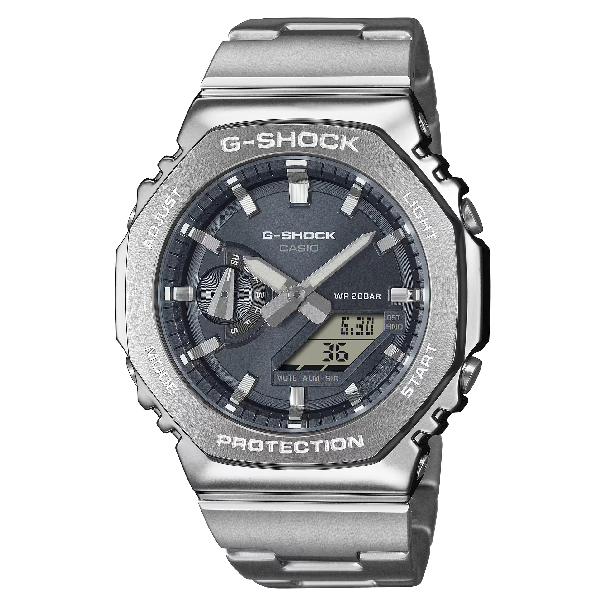 G-SHOCK GM2110D-8A with forged stainless steel octagonal bezel, slate-gray metallic dial, stainless steel band with one-touch clasp, reinforced resin inner case, double LED Super Illuminator, and 200-meter water resistance.