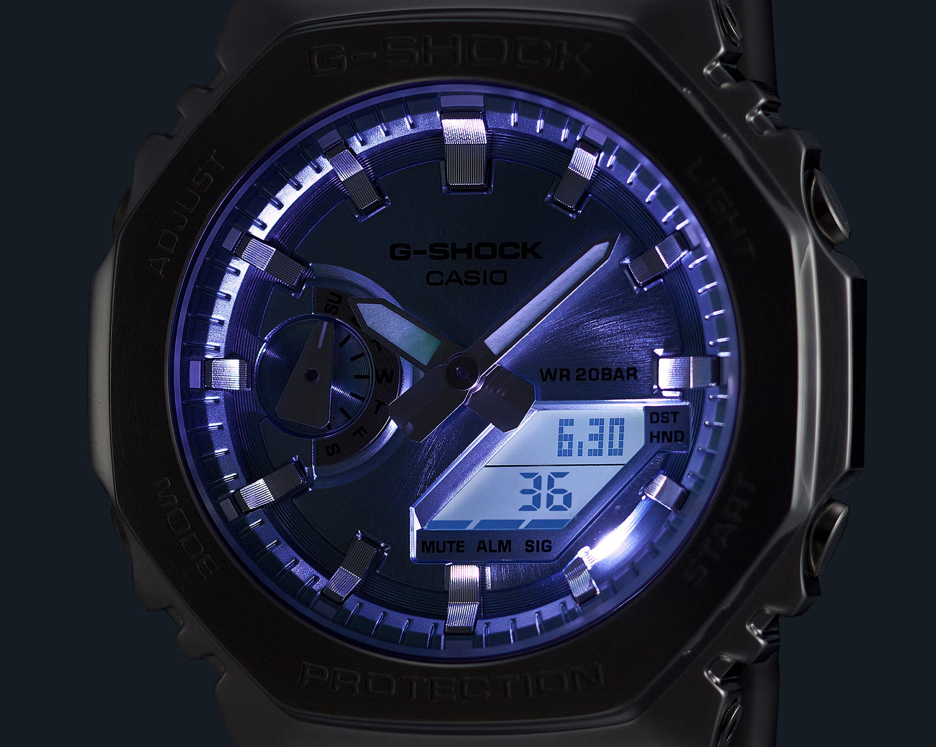 G-Shock Casio watch with blue digital display on a dark background