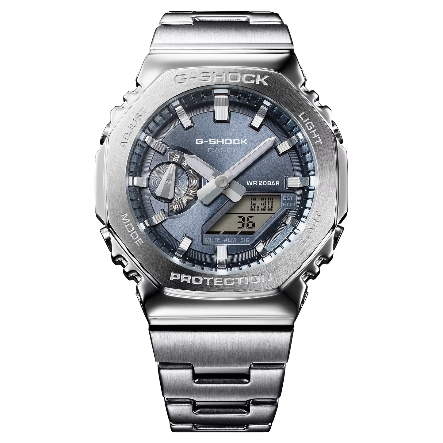 Silver G-Shock watch with a detailed face on a white background