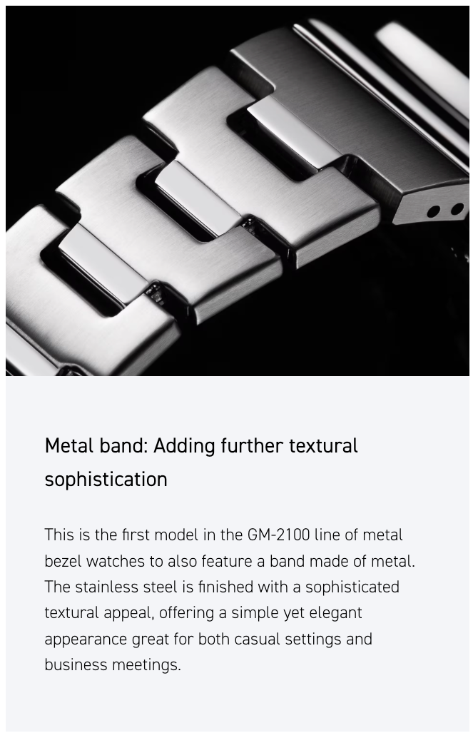 Metal watch band with text describing its features