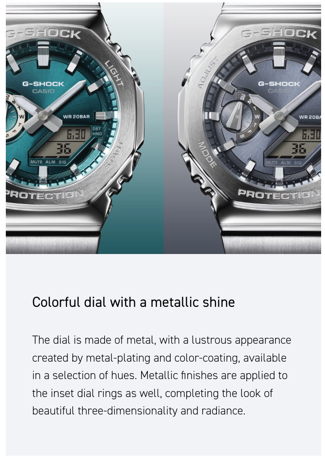 Two G-Shock watches with colorful dials on a light blue background