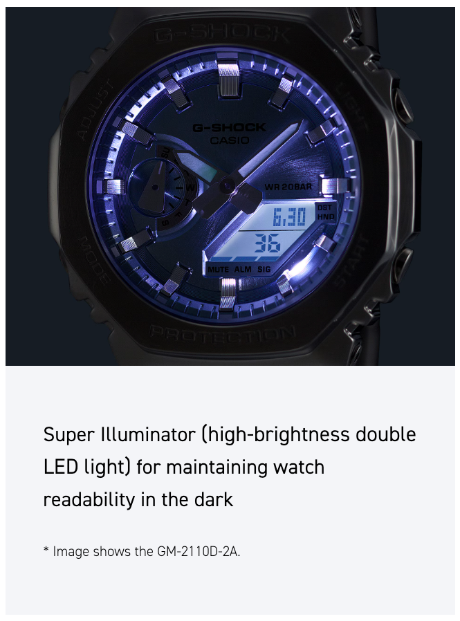 G-Shock watch with blue illuminated face on a dark background