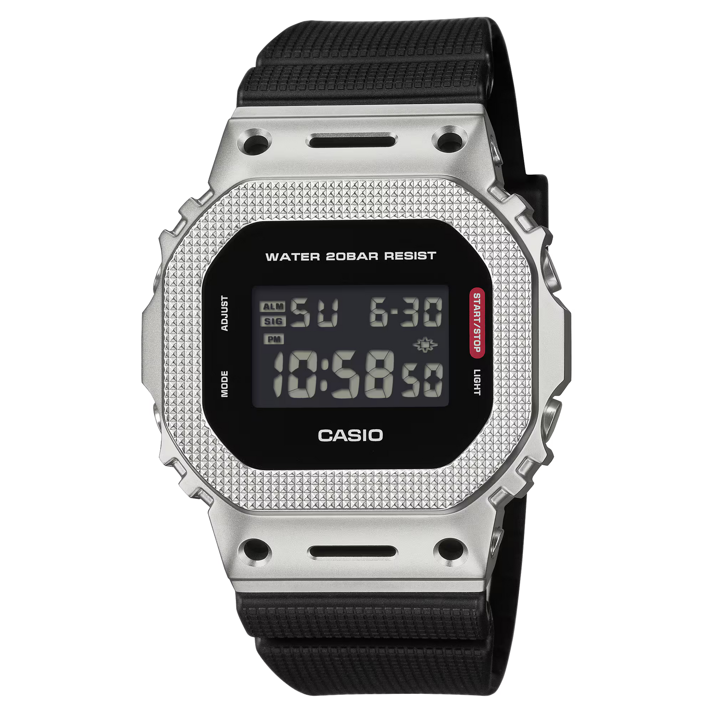 Casio G-SHOCK GM5600M-1 with stainless-steel industrial-textured bezel, monochromatic minimalist styling, bio-based resin band, and classic square 5600 design