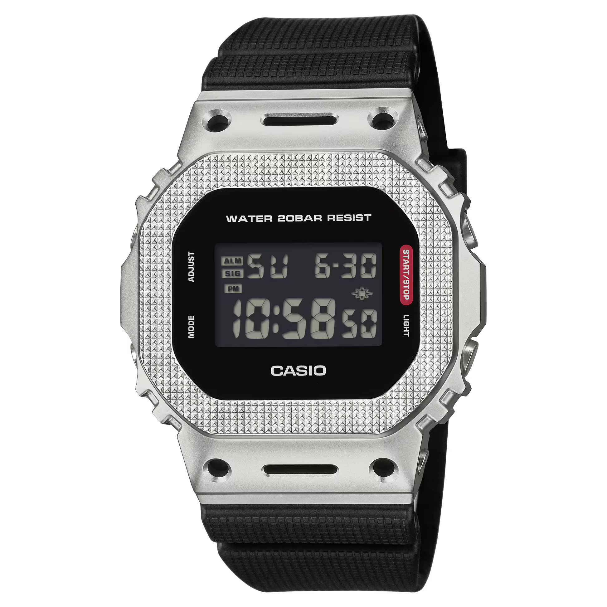 Casio G-SHOCK GM5600M-1 with stainless-steel industrial-textured bezel, monochromatic minimalist styling, bio-based resin band, and classic square 5600 design
