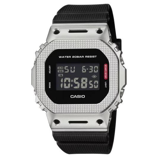 Casio G-SHOCK GM5600M-1 with stainless-steel industrial-textured bezel, monochromatic minimalist styling, bio-based resin band, and classic square 5600 design