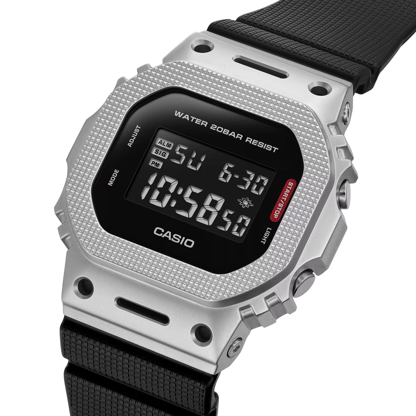 Casio digital watch with silver case and black strap on a white background