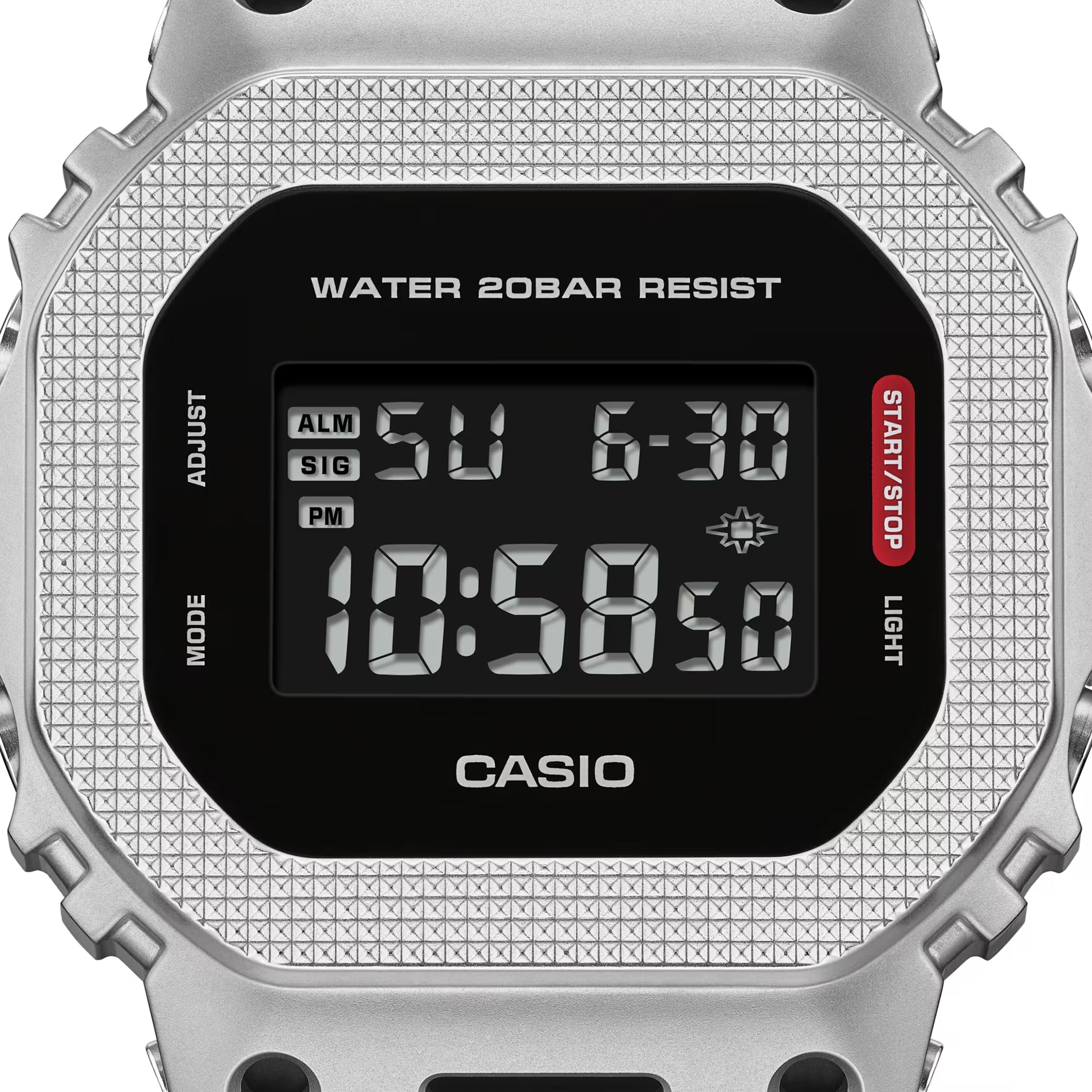 Digital Casio watch with silver case and black display on a white background