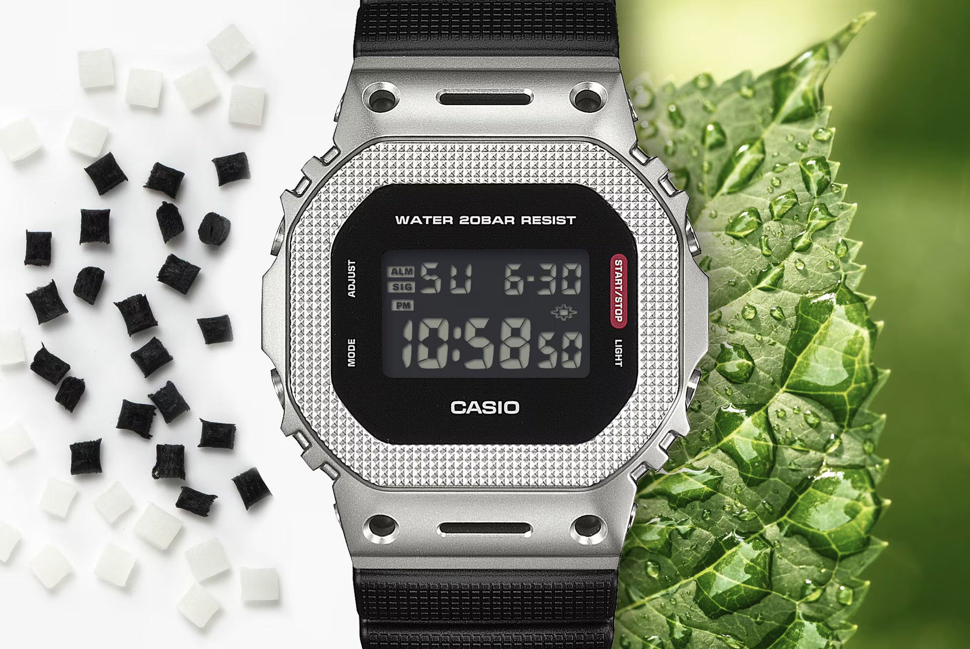 Silver Casio digital watch with black strap on a green leaf background