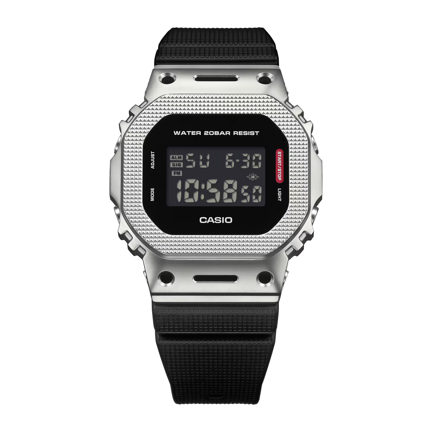 Casio digital watch with silver case and black strap on a white background