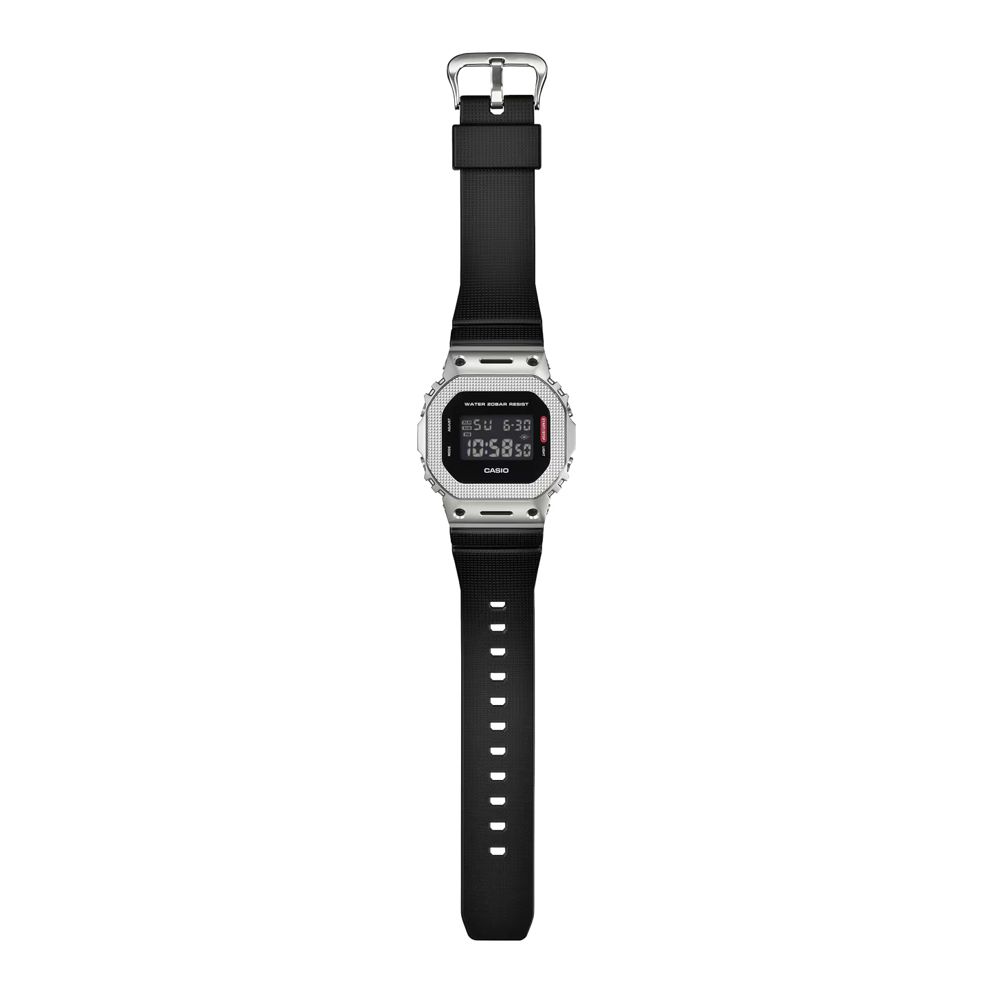 Digital watch with black strap and silver case on a white background