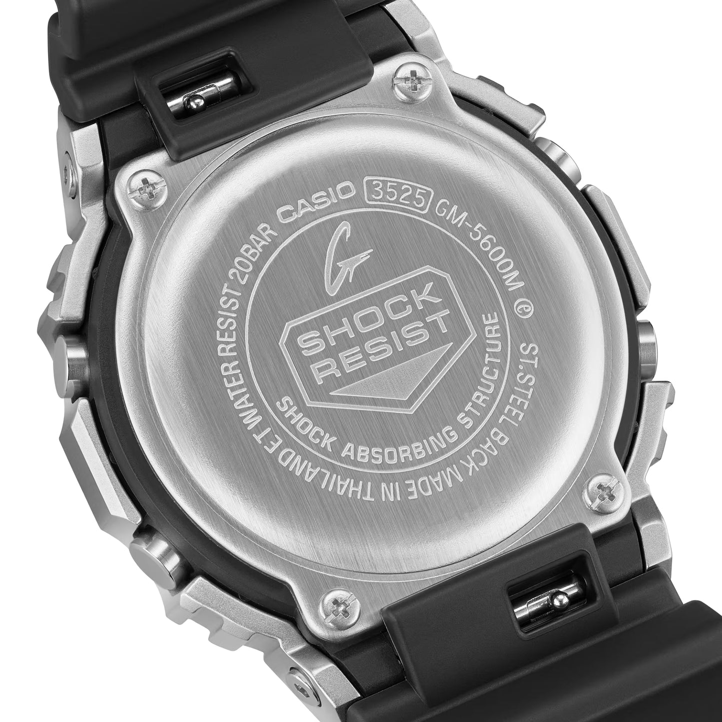 Back view of a Casio watch with 'Shock Resistant' text on a white background