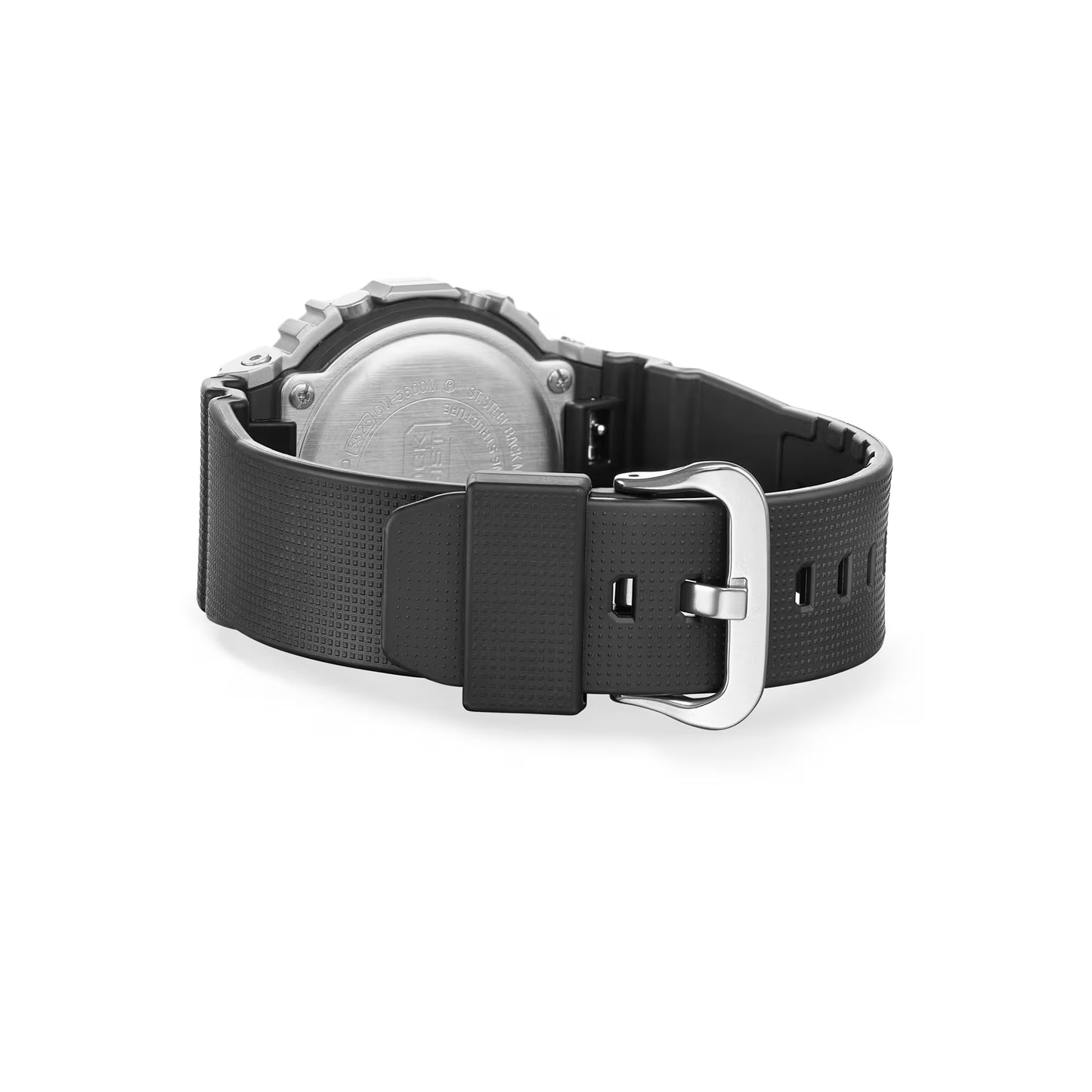 Black wristwatch with a metallic buckle on a white background
