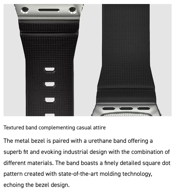Textured band and metal bezel of a smartwatch on a white background