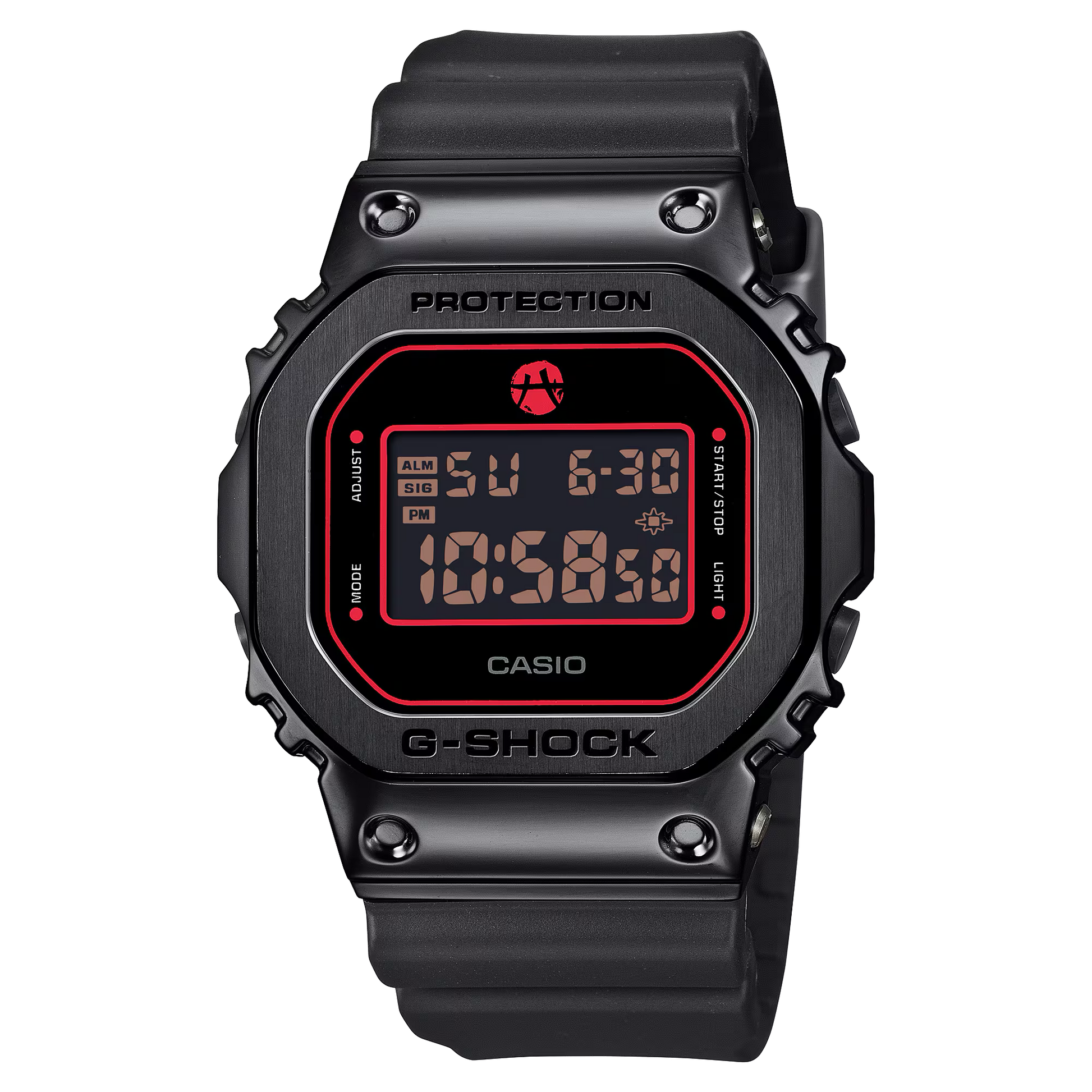 Casio G-SHOCK GM5600RH-1 Rui Hachimura Black Samurai edition with black ion-plated metal bezel, black resin band, red accents, signature Black Samurai logo on dial and case back, and 200m water resistance.
