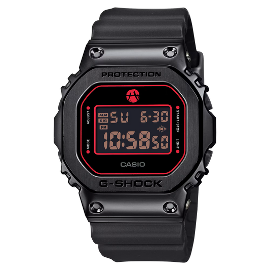 Casio G-SHOCK GM5600RH-1 Rui Hachimura Black Samurai edition with black ion-plated metal bezel, black resin band, red accents, signature Black Samurai logo on dial and case back, and 200m water resistance.