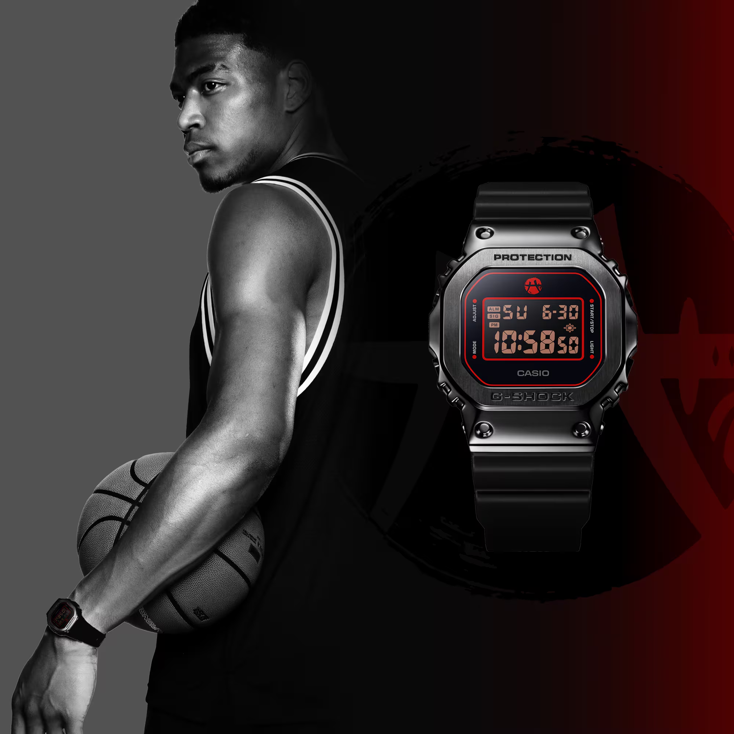 Man holding a basketball with a Casio watch on his wrist, set against a dark background.