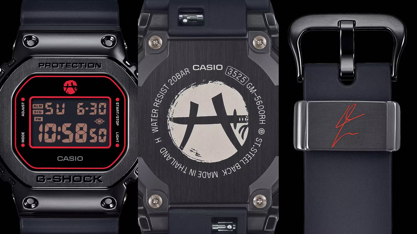 Black Casio G-Shock watch with digital display and brand logo.