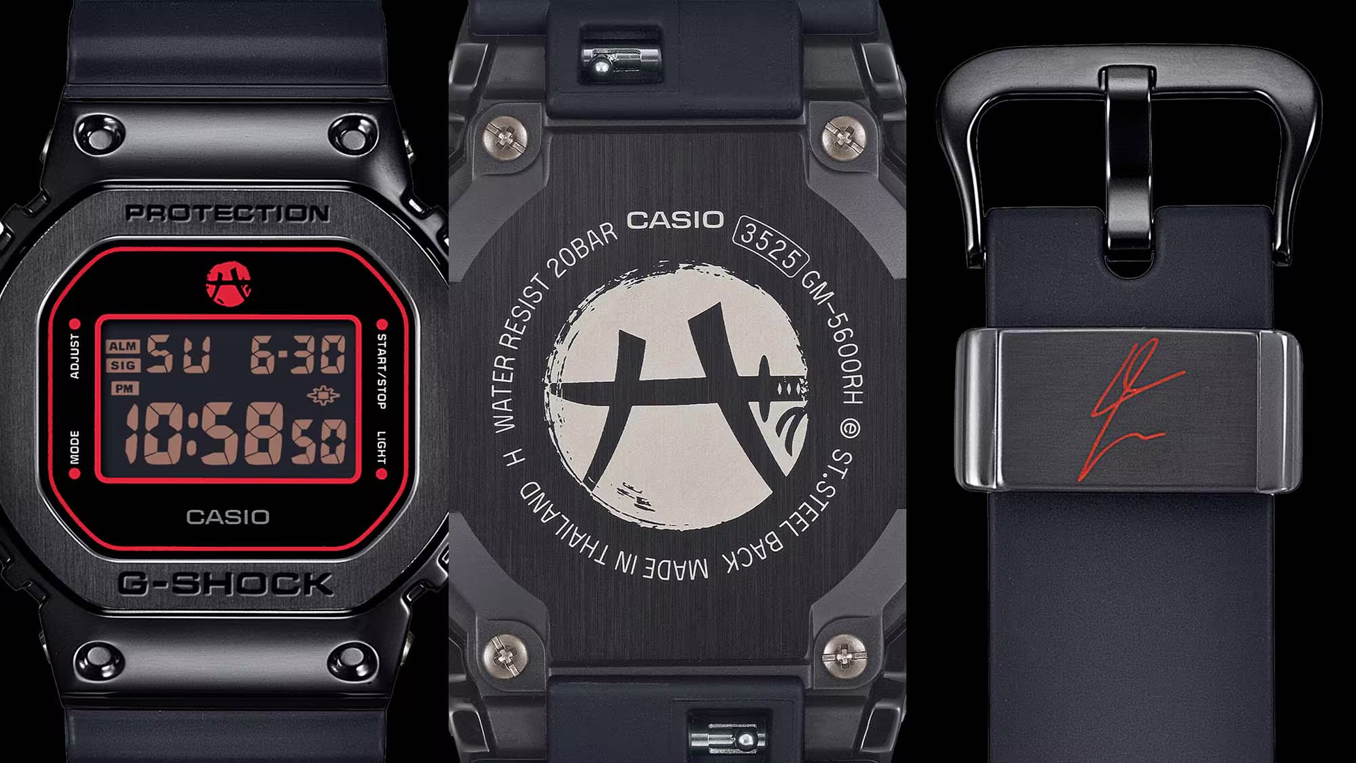 Black Casio G-Shock watch with digital display and brand logo.