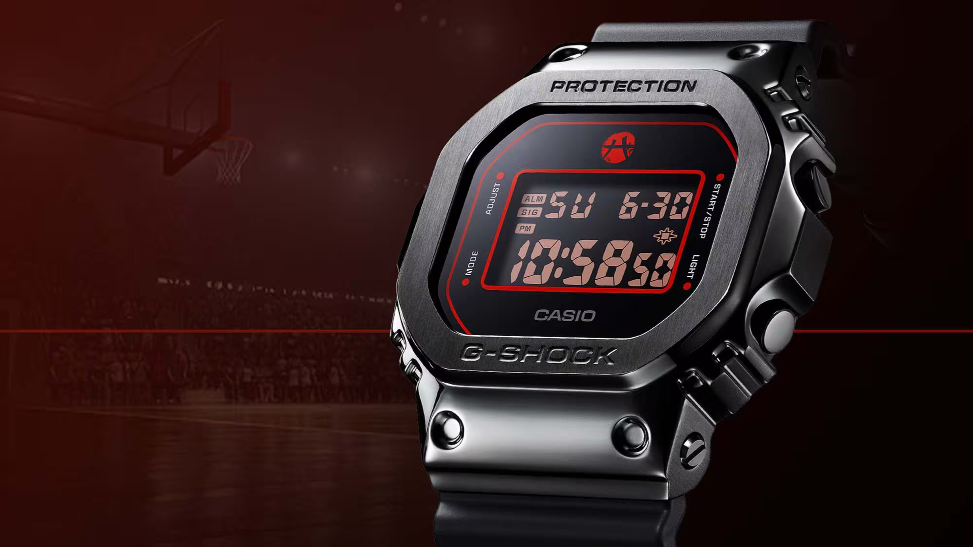 Casio G-Shock digital watch with red display on a dark background