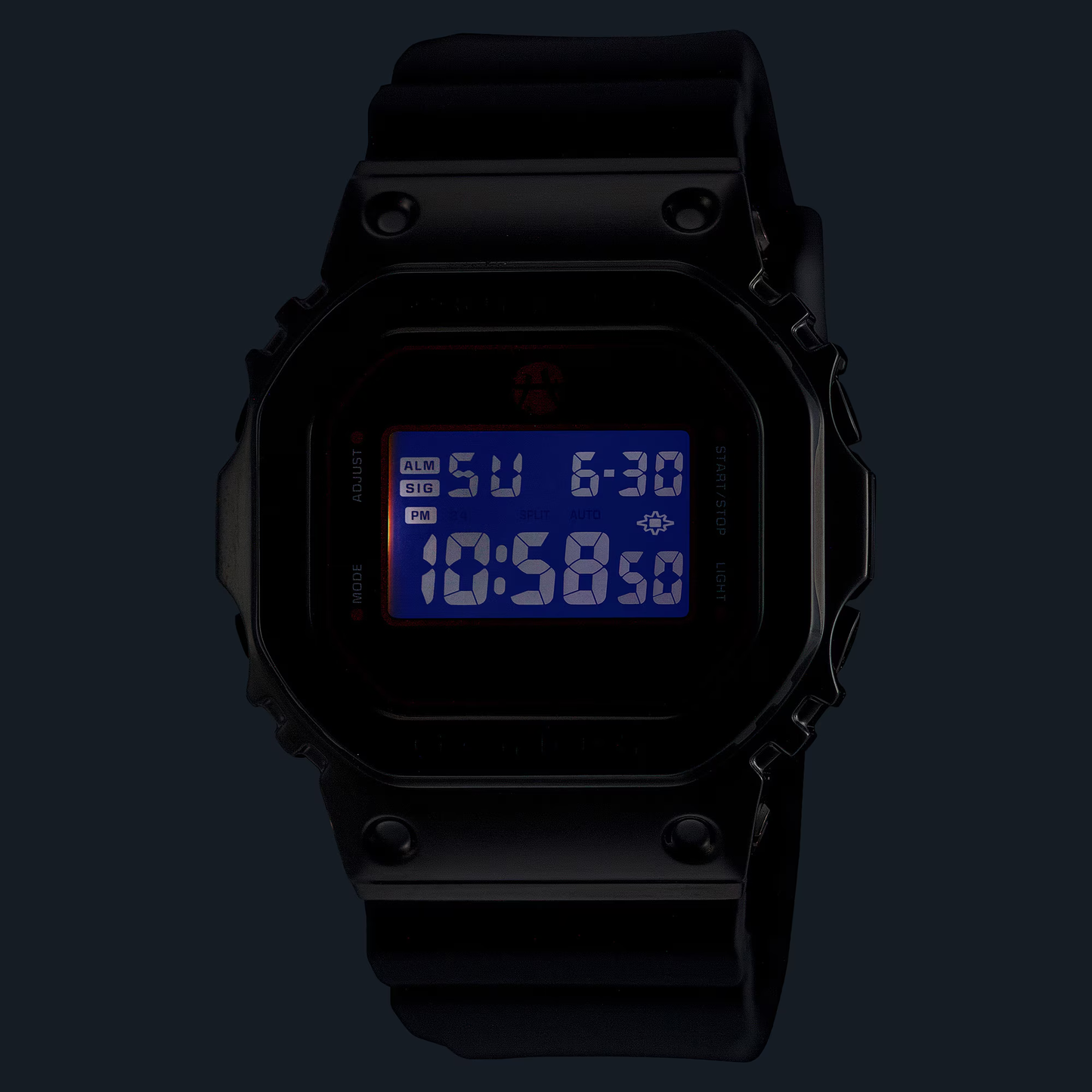 Black digital watch with blue screen on a black background