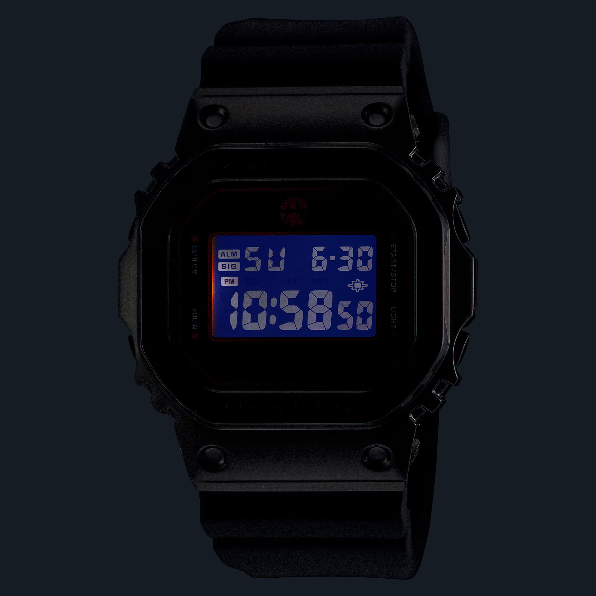 Black digital watch with blue screen on a black background