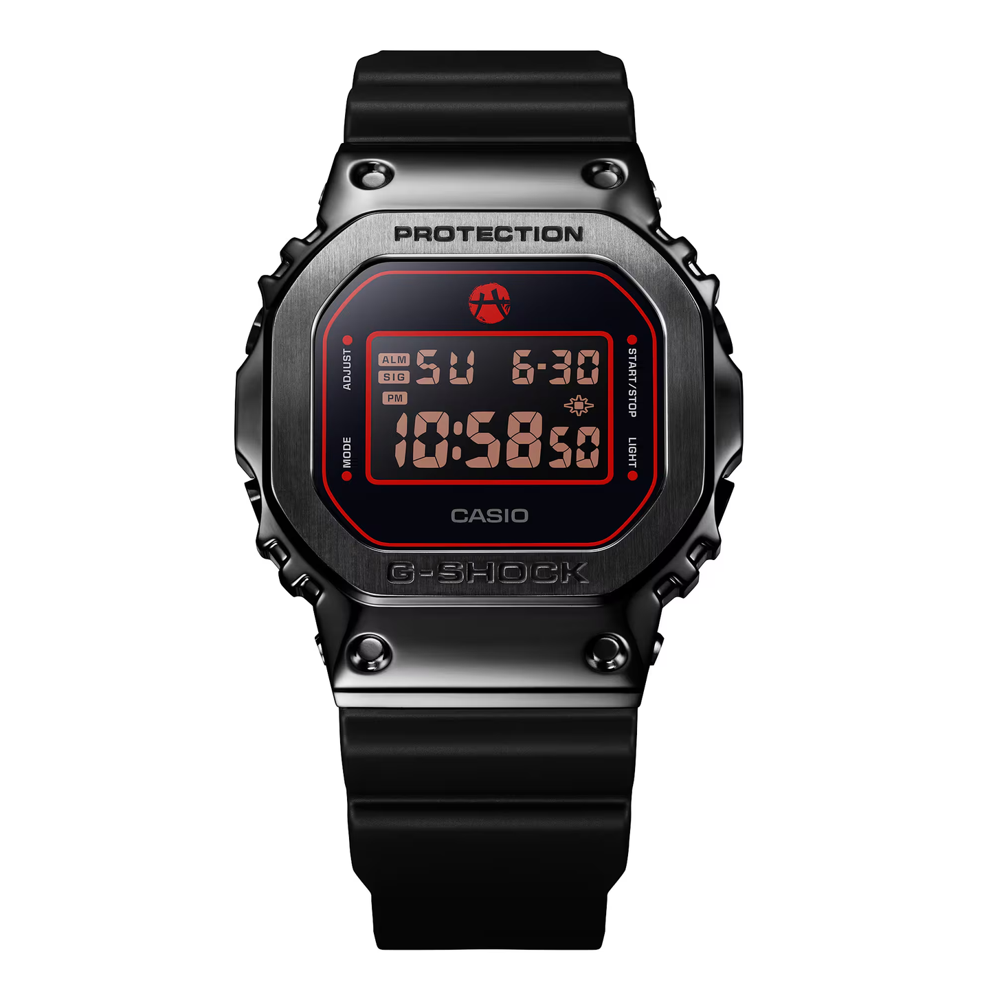 Black Casio G-Shock digital watch with red display on a white background