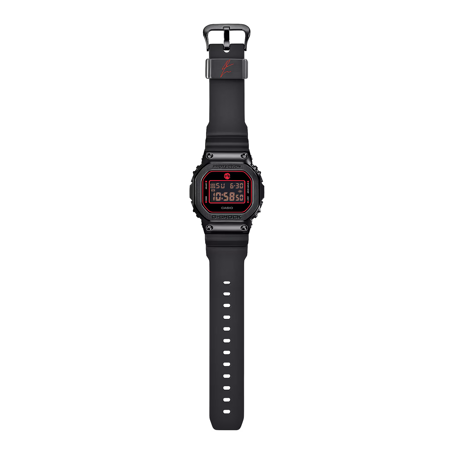 Black Casio watch with digital display on a white background