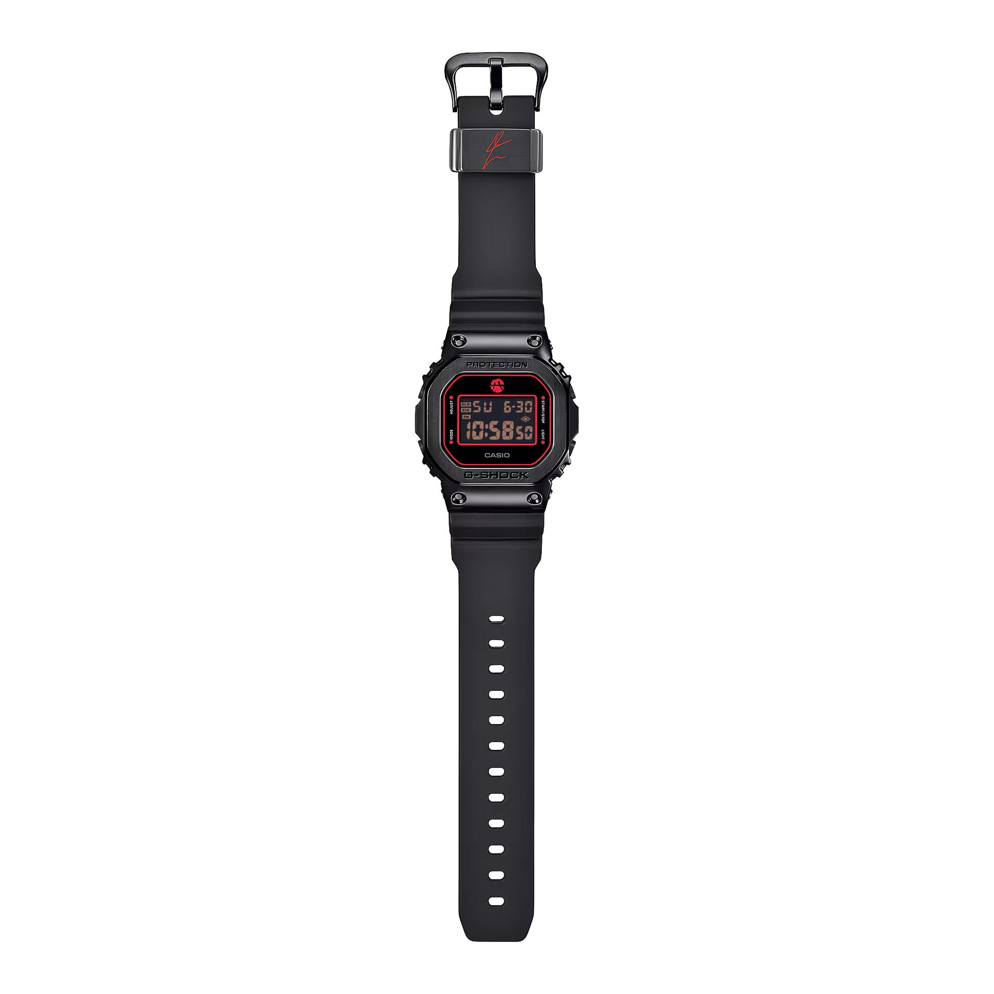 Black Casio watch with digital display on a white background