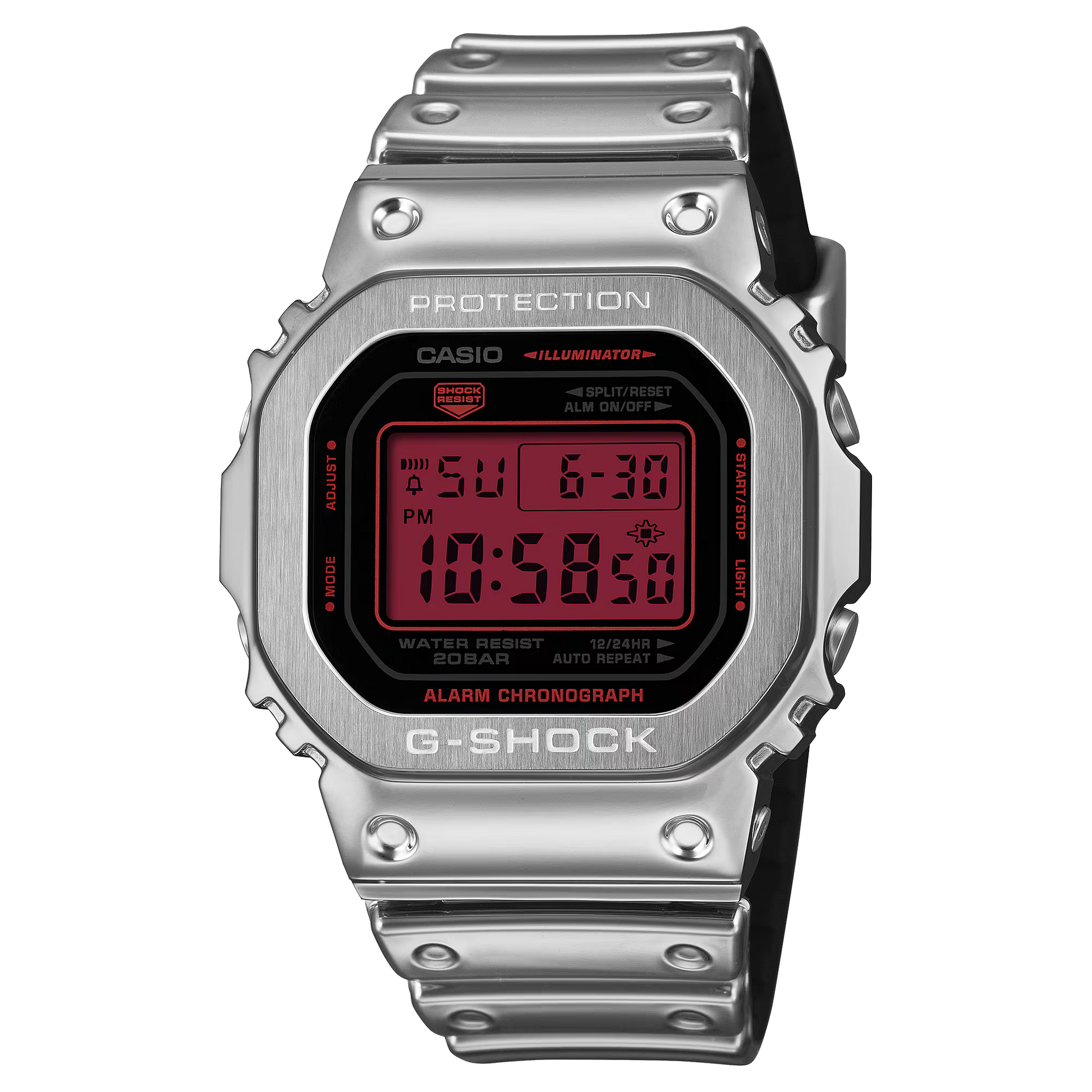 G-SHOCK GM5600YRA-8 square digital watch with stainless steel metal bezel, gray finish, silicone resin band, and 200m water resistance.