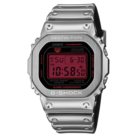 G-SHOCK GM5600YRA-8 square digital watch with stainless steel metal bezel, gray finish, silicone resin band, and 200m water resistance.
