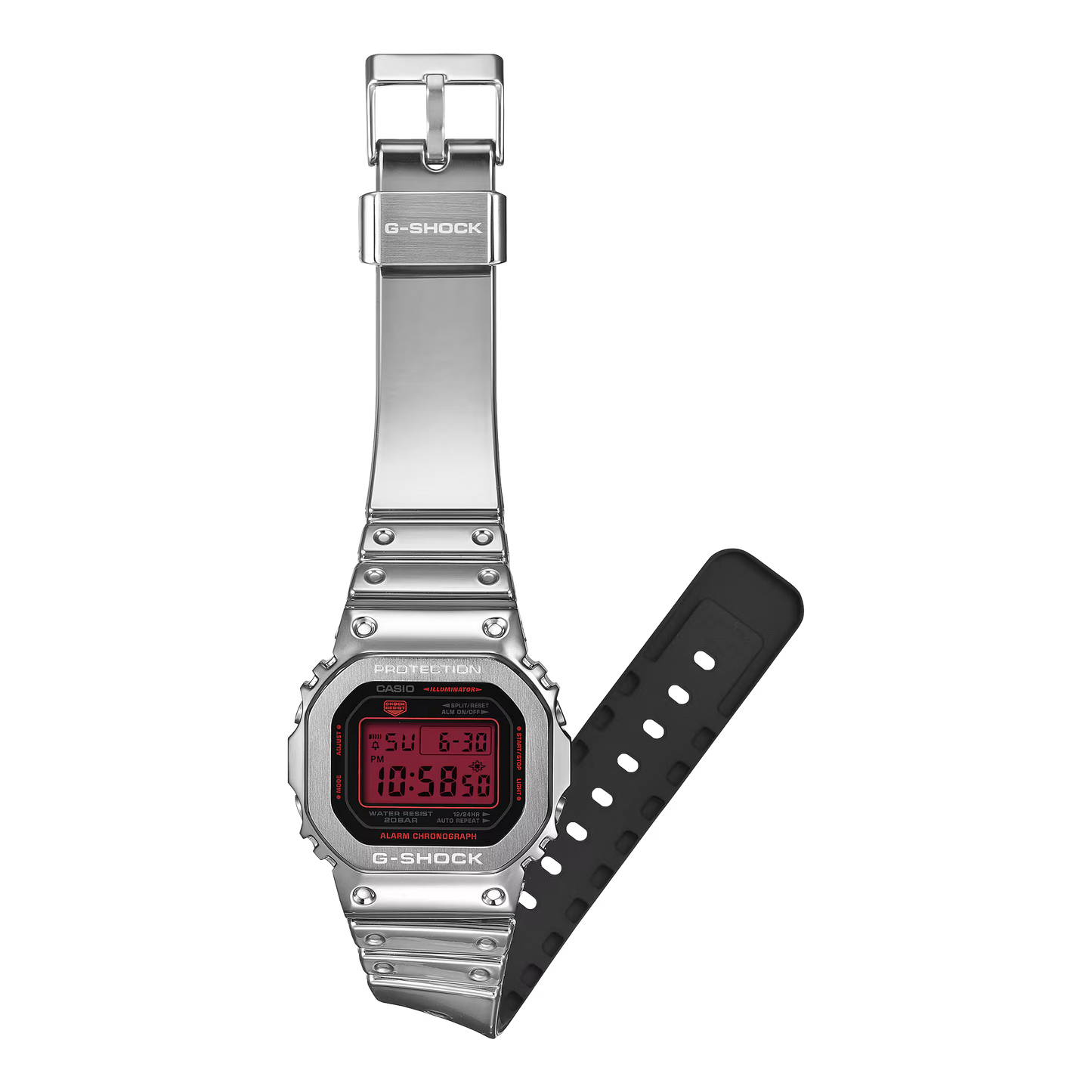 G-Shock digital watch with silver case and black strap on white background