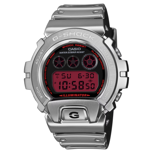 G-SHOCK GM6900YRA-8 digital watch with stainless steel metal bezel, gray finish, silicone resin band, and 200m water resistance.